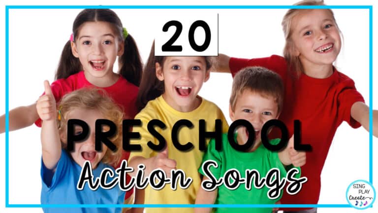 20 preschool music and movement action songs for circle time, music and movement class, and PreK as well as Kindergarten activities.